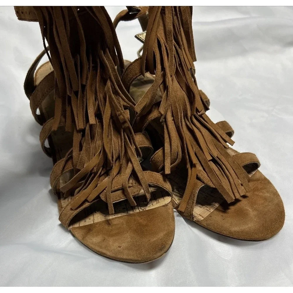 Sam Edelman Sandra‎ Boho Fringe Brown Suede Wedge Women's Size 9.5